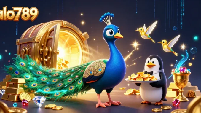 Engage with alo789's vibrant casino-themed illustration showcasing a peacock, penguin, and hummingbird.