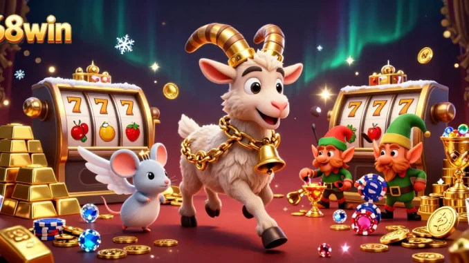 Engage with 68win at a festive casino scene featuring Krampus, angelic mouse, and mischievous elves.