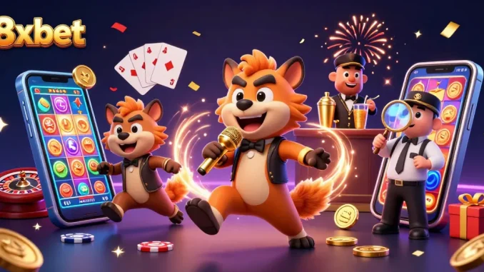 Engage with 8xbet casino fun featuring hyenas in a vibrant comedy club atmosphere.