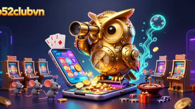 Experience thrilling gameplay at b52clubvn with a dynamic casino illustration of vibrant slot machines and lively characters.