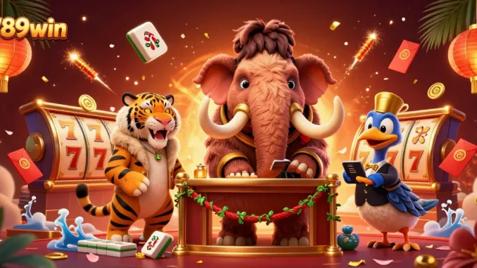 Experience thrilling gameplay at 789win with a vibrant scene of cartoon casino elements and characters.