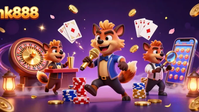 Engage with nk888's lively casino scene featuring hilarious hyenas, vibrant slots, and roulette action.