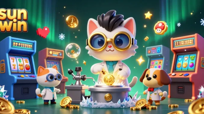 Join the fun at sun win with a bustling lab scene filled with vibrant casino game elements and lively characters.