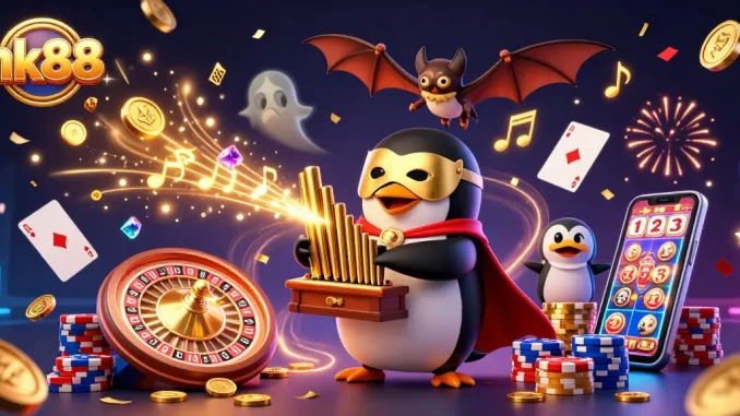 Experience thrilling gameplay at nk88 with a penguin organist, casino elements, and gold coins flying!