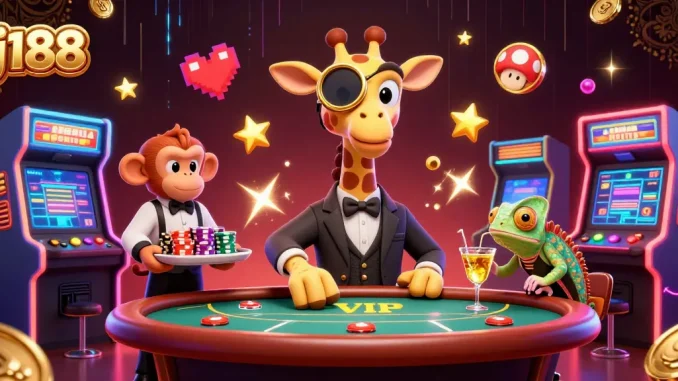 Experience thrilling gaming action at j188 with a high-roller giraffe, monkey valet, and chameleon bartender.