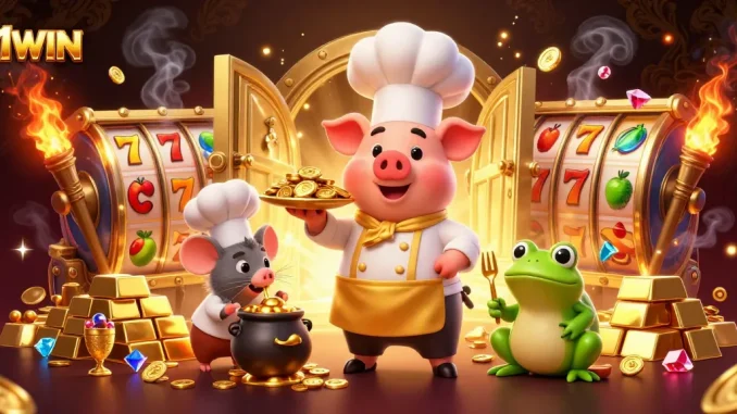 Experience the thrill of 11WIN as a chef pig serves gold coins in an exciting casino setting.