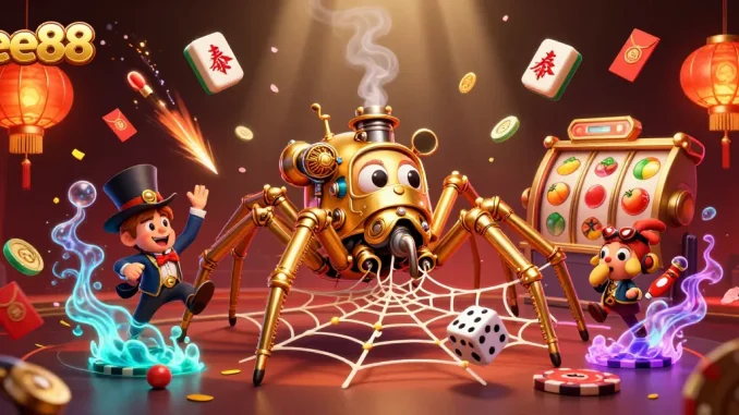 Engage with ee88's vibrant casino scene featuring steampunk elements and spinning slot reels.