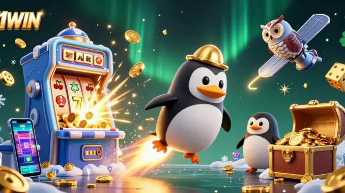 Experience the thrill of winning with the 11WIN casino adventure featuring colorful slot machines and golden treasures.