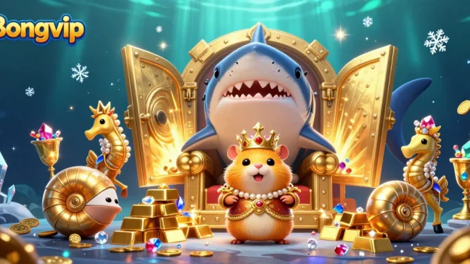 Bongvip showcases a golden hamster king on a megalodon throne surrounded by treasures and seahorse guards.