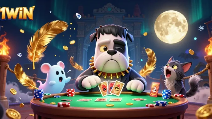 Engage in thrilling casino action with 11WIN as the bulldog dealer shuffles cards.