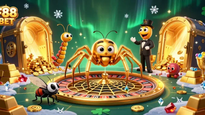 Place bets on F88 BET with a golden spider and centipede croupier in a 3D casino web.