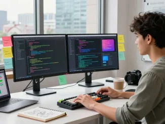 Build internal tools with AI in a modern software development workspace with vibrant coding screens and creative elements.