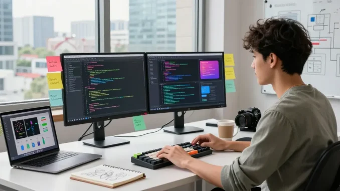 Build internal tools with AI in a modern software development workspace with vibrant coding screens and creative elements.