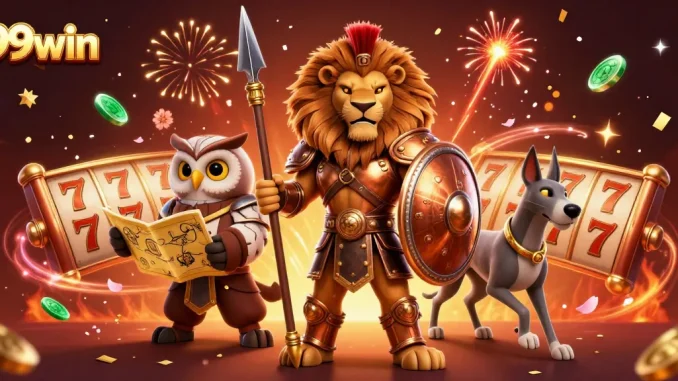 Experience the thrill of slots at 99win with a vibrant 3D casino scene featuring a Spartan lion, wise owl, and swift greyhound.