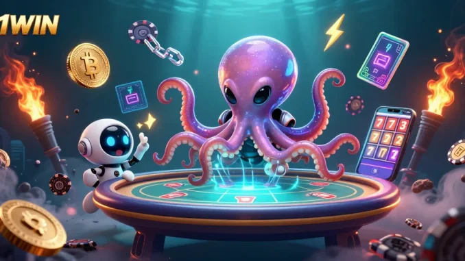 Engage with the alien octopus at 11WIN holographic poker, featuring crypto-themed gaming.